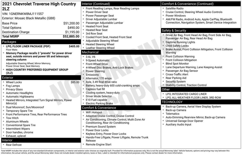 Used 2021 Chevrolet Traverse High Country w/ LPO, Floor Liner Package FWD image 7