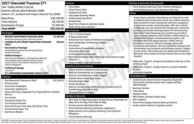 New 2027 Chevrolet Traverse Z71 w/ Driver Confidence Package AWD/4WD image 4
