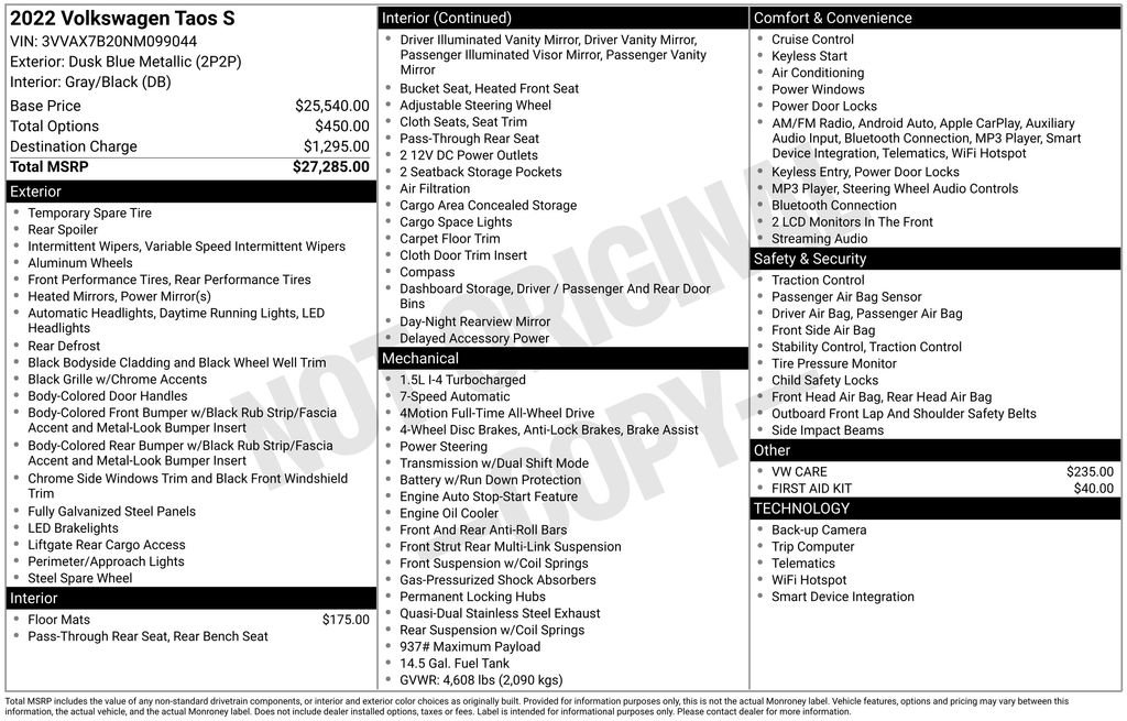 Used 2022 Volkswagen Taos S image 10