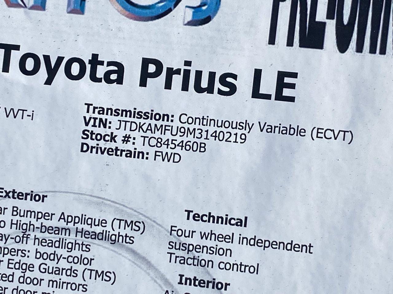 Used 2021 Toyota Prius LE w/ Carpet Mat Package (TMS) FWD image 35