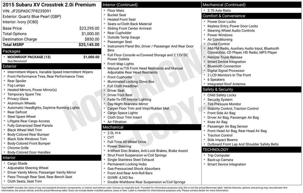 Used 2015 Subaru Crosstrek 2.0i Premium w/ Moonroof Package image 10