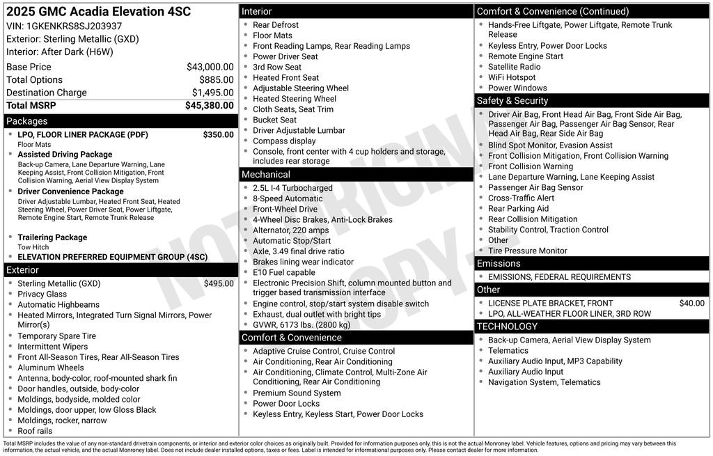 Certified 2025 GMC Acadia Elevation w/ LPO, Floor Liner Package image 4