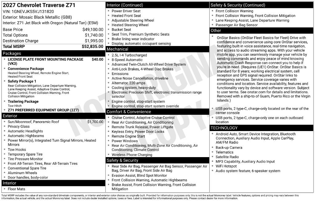New 2027 Chevrolet Traverse Z71 AWD/4WD image 3