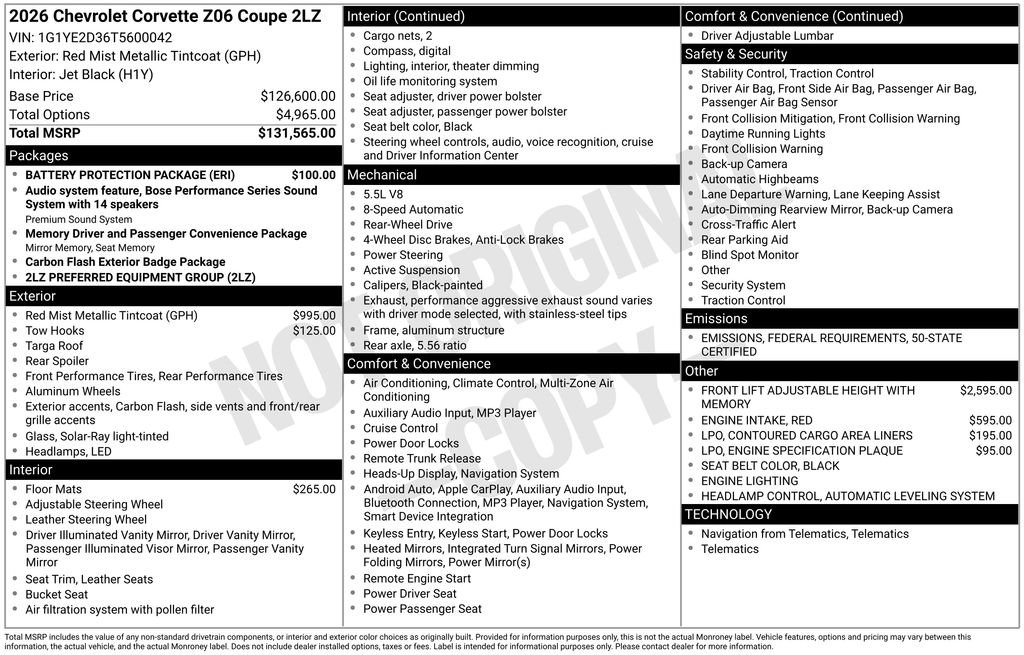 New 2026 Chevrolet Corvette Z06 w/ Battery Protection Package image 6