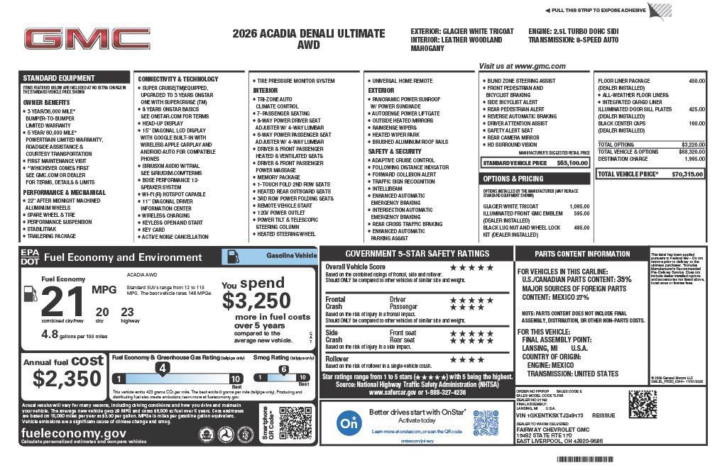 New 2026 GMC Acadia Denali Ultimate w/ LPO, Floor Liner Package image 4
