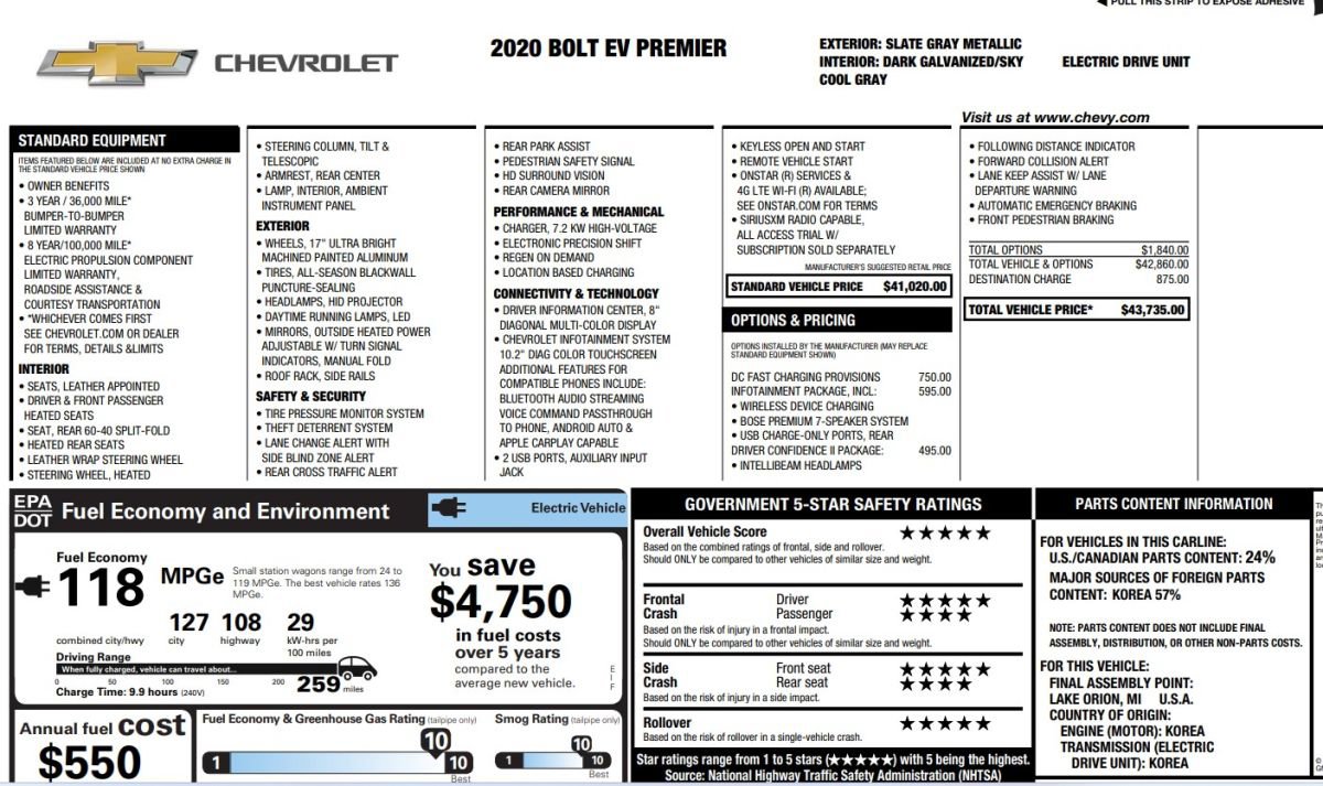 Used 2020 Chevrolet Bolt Premier w/ Infotainment Package image 15