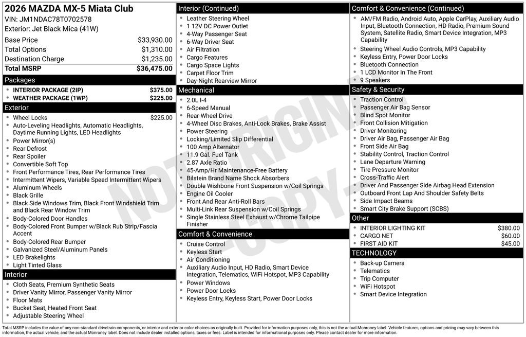 New 2026 MAZDA MX-5 Miata Club w/ Interior Package RWD image 30