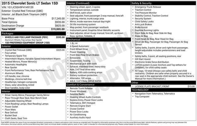 Used 2015 Chevrolet Sonic LT w/ Wheels and Fog Lamp Package FWD image 1