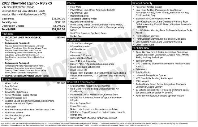 New 2027 Chevrolet Equinox RS w/ LPO, Floor Liner Package AWD/4WD image 2