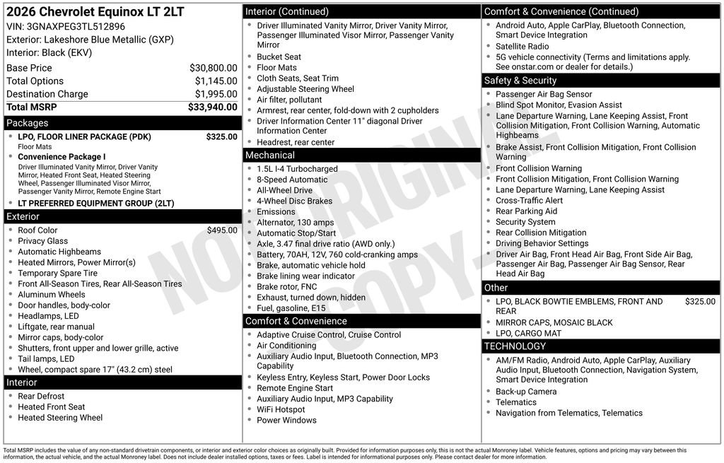 New 2026 Chevrolet Equinox LT w/ LPO, Floor Liner Package AWD/4WD image 11