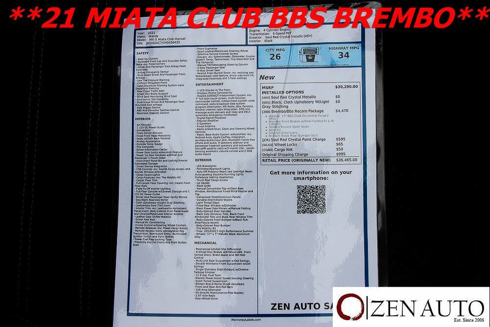 Used 2021 MAZDA MX-5 Miata Club w/ Brembo/BBS Recaro Package image 14