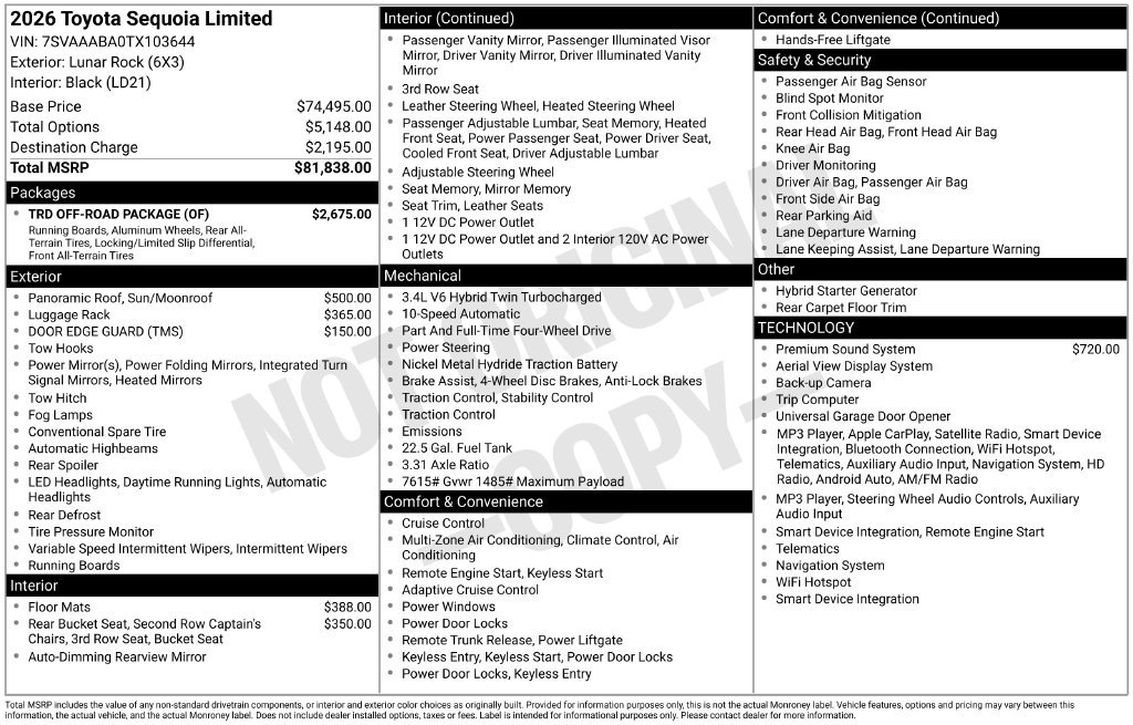 New 2026 Toyota Sequoia Limited w/ TRD Off-Road Package AWD/4WD image 6