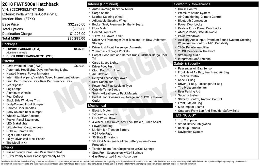 Used 2018 FIAT 500 e w/ Esport Package image 3