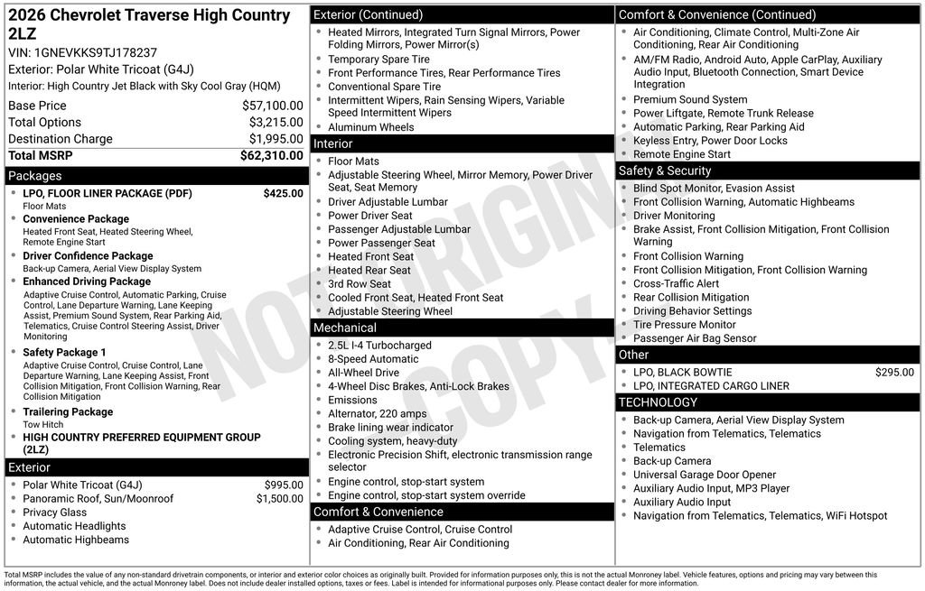 New 2026 Chevrolet Traverse High Country w/ LPO, Floor Liner Package AWD/4WD image 5