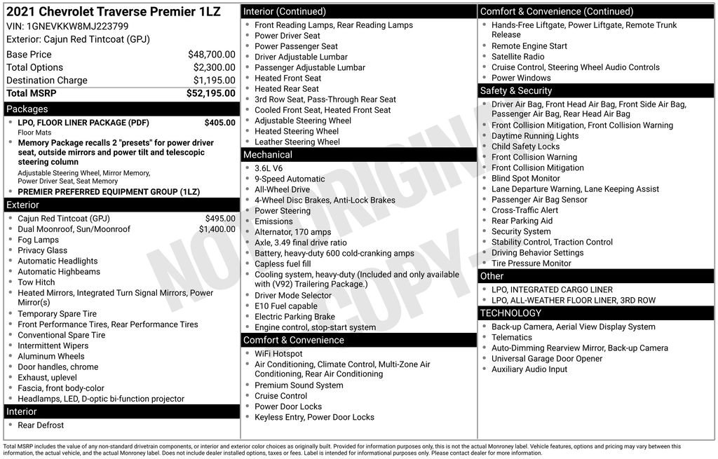 Used 2021 Chevrolet Traverse Premier w/ LPO, Floor Liner Package image 48