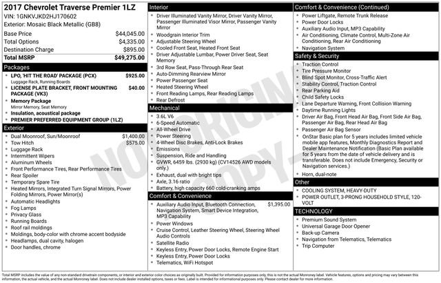 Used 2017 Chevrolet Traverse Premier w/ LPO, 'HIT The Road' Package AWD/4WD image 35