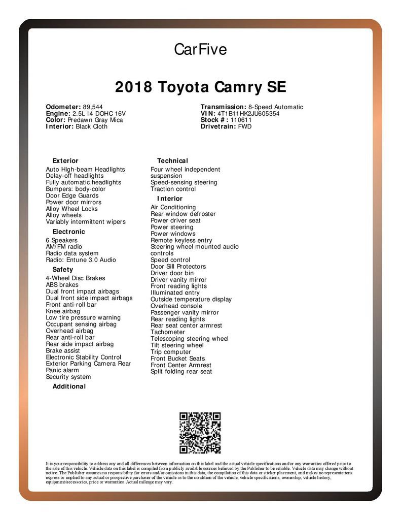 Used 2018 Toyota Camry SE w/ Moonroof Package FWD image 28