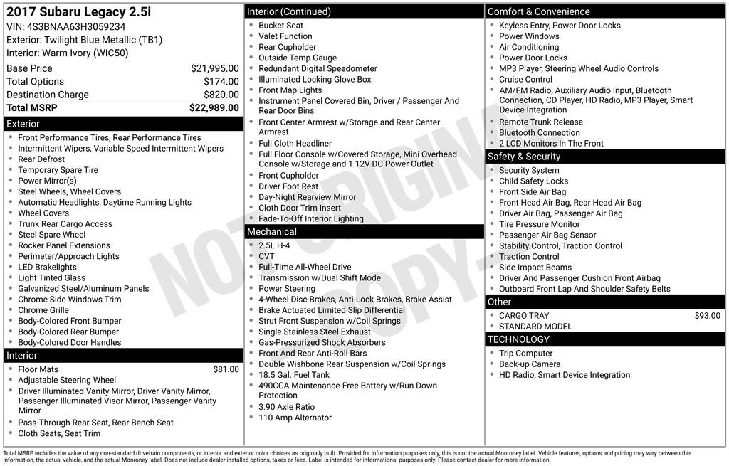 Used 2017 Subaru Legacy 2.5i image 6