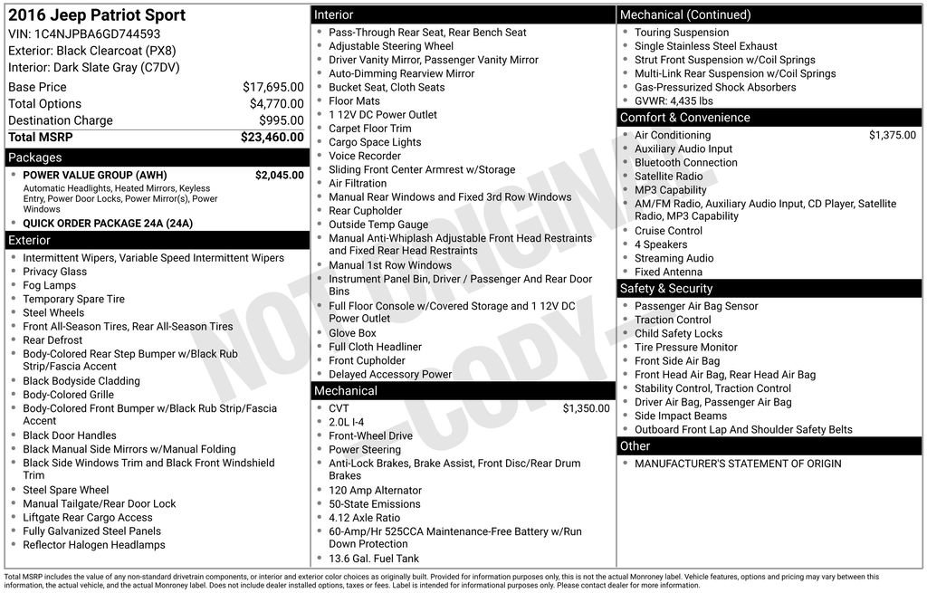 Used 2016 Jeep Patriot Sport w/ Power Value Group FWD image 2