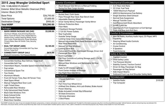 Used 2015 Jeep Wrangler Unlimited Sport w/ Quick Order Package 24S image 13