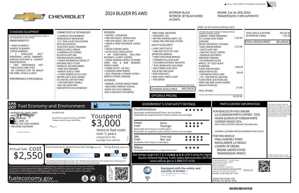 Certified 2024 Chevrolet Blazer RS w/ Driver Confidence II Package AWD/4WD image 13