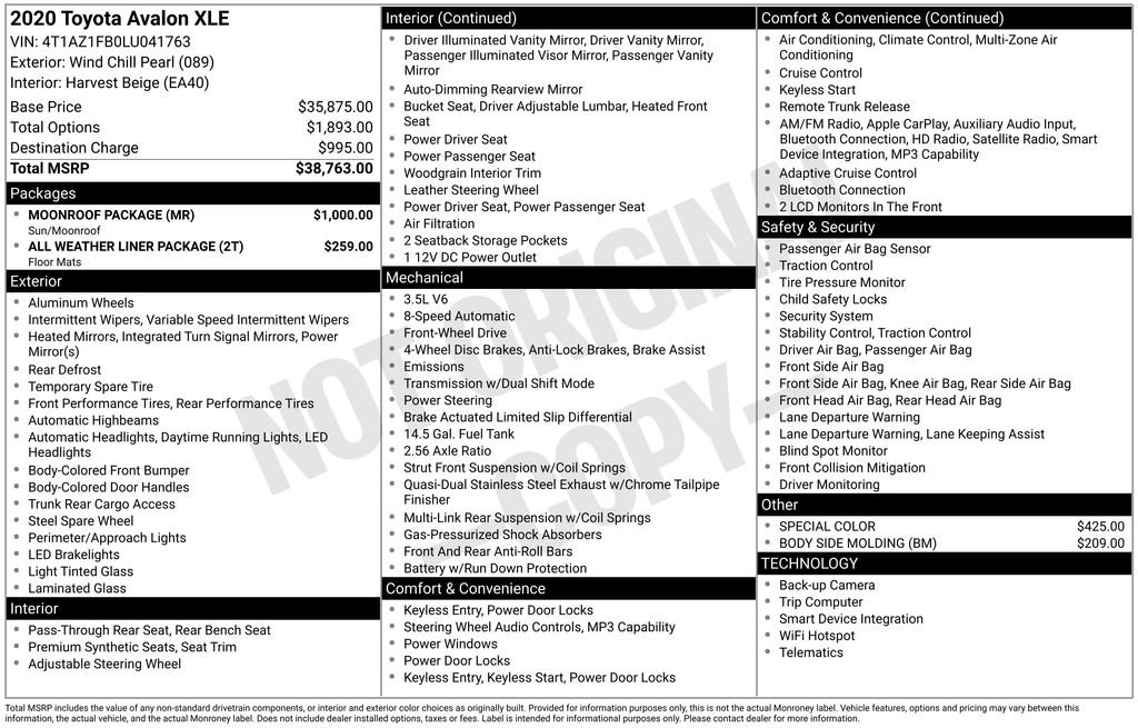 Used 2020 Toyota Avalon XLE w/ Moonroof Package FWD image 31