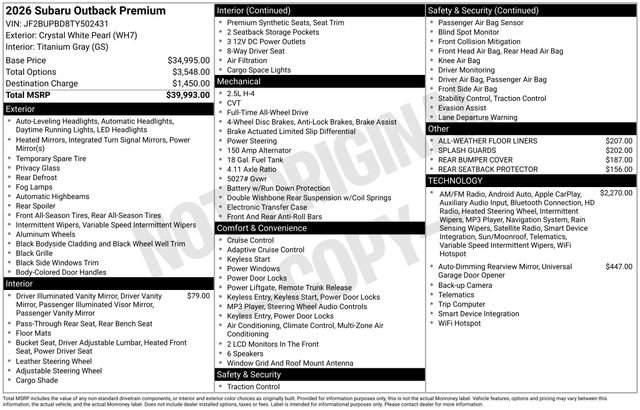 New 2026 Subaru Outback Premium AWD/4WD image 5