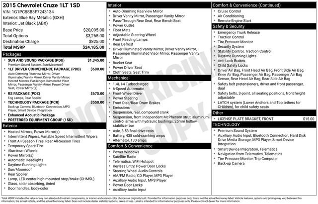 Used 2015 Chevrolet Cruze LT w/ Sun And Sound Package image 7