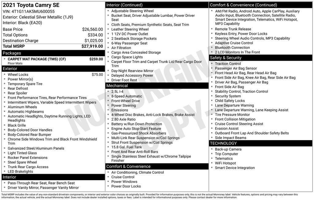 Used 2021 Toyota Camry SE w/ Carpet Mat Package (TMS) FWD image 16