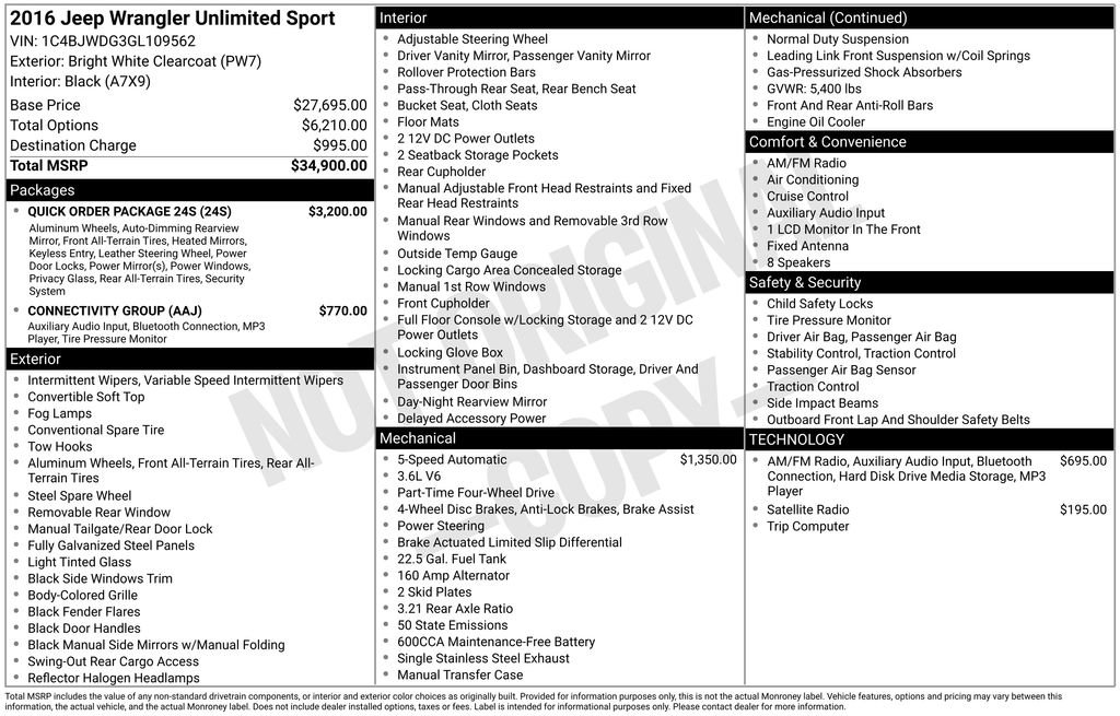 Used 2016 Jeep Wrangler Unlimited Sport w/ Quick Order Package 24S image 6