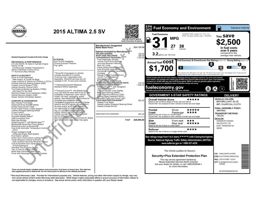 Used 2015 Nissan Altima 2.5 SV w/ Convenience Package FWD image 6