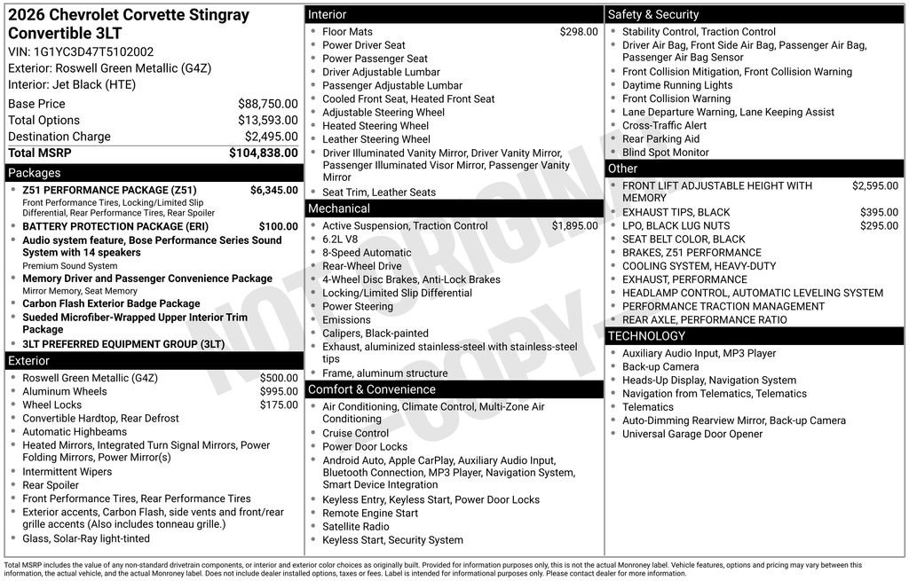 New 2026 Chevrolet Corvette Stingray w/ Z51 Performance Package image 4