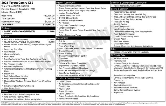 Used 2021 Toyota Camry XSE w/ Carpet Mat Package (TMS) FWD image 3