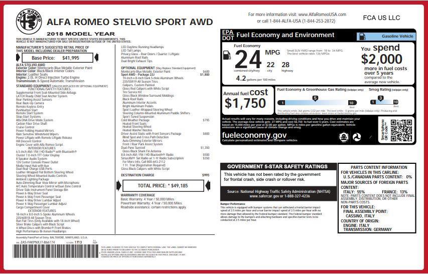 Used 2018 Alfa Romeo Stelvio Sport w/ Quick Order Package 22J Sport image 5