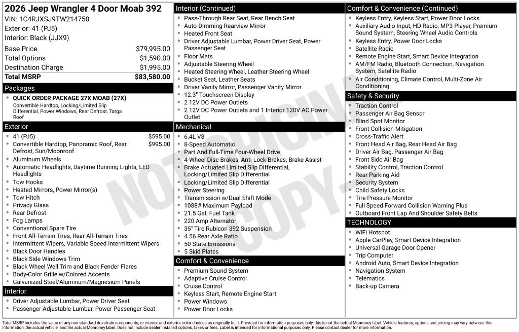 New 2026 Jeep Wrangler Unlimited Rubicon 392 w/ Quick Order Package 27X Moab AWD/4WD image 9