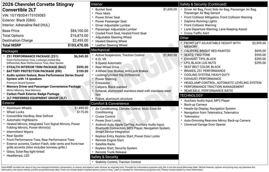 New 2026 Chevrolet Corvette Stingray Preferred Conv w/ Z51 Performance Package image 4