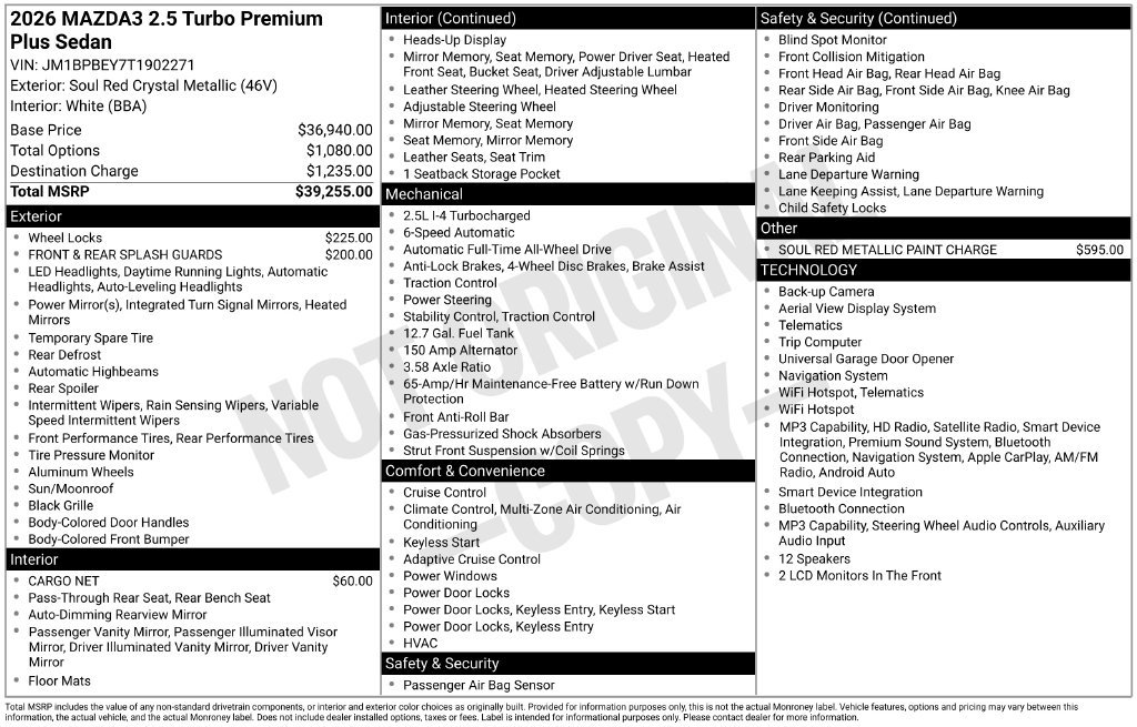 New 2026 MAZDA MAZDA3 2.5 Turbo Sedan w/Premium Plus AWD/4WD image 6