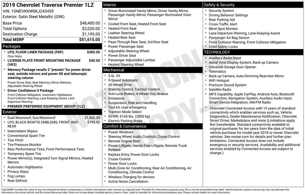 Used 2019 Chevrolet Traverse Premier w/ LPO, Floor Liner Package image 29
