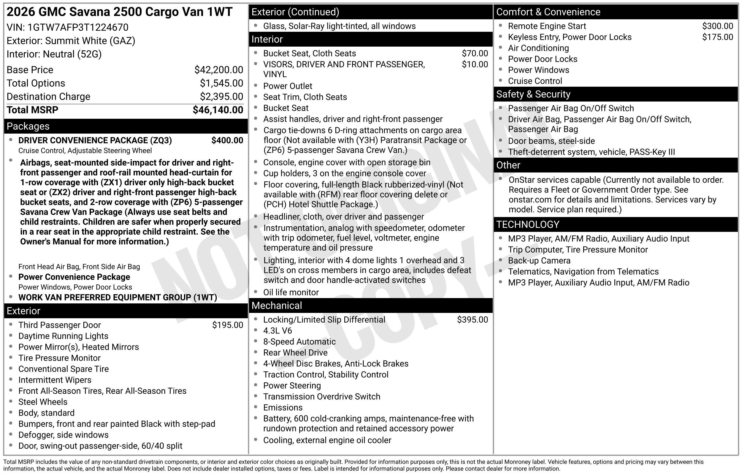 New 2026 GMC Savana 2500 w/ Driver Convenience Package RWD image 3