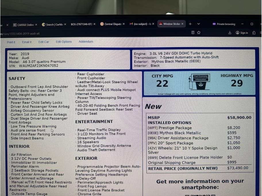 Used 2019 Audi A6 3.0T Prestige w/ Prestige Package image 1