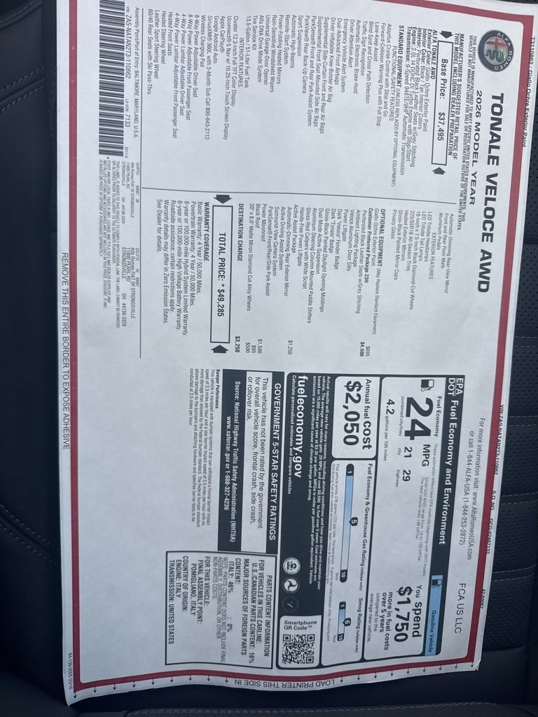 New 2026 Alfa Romeo Tonale Veloce w/ Quick Order Package 23H Volce image 26