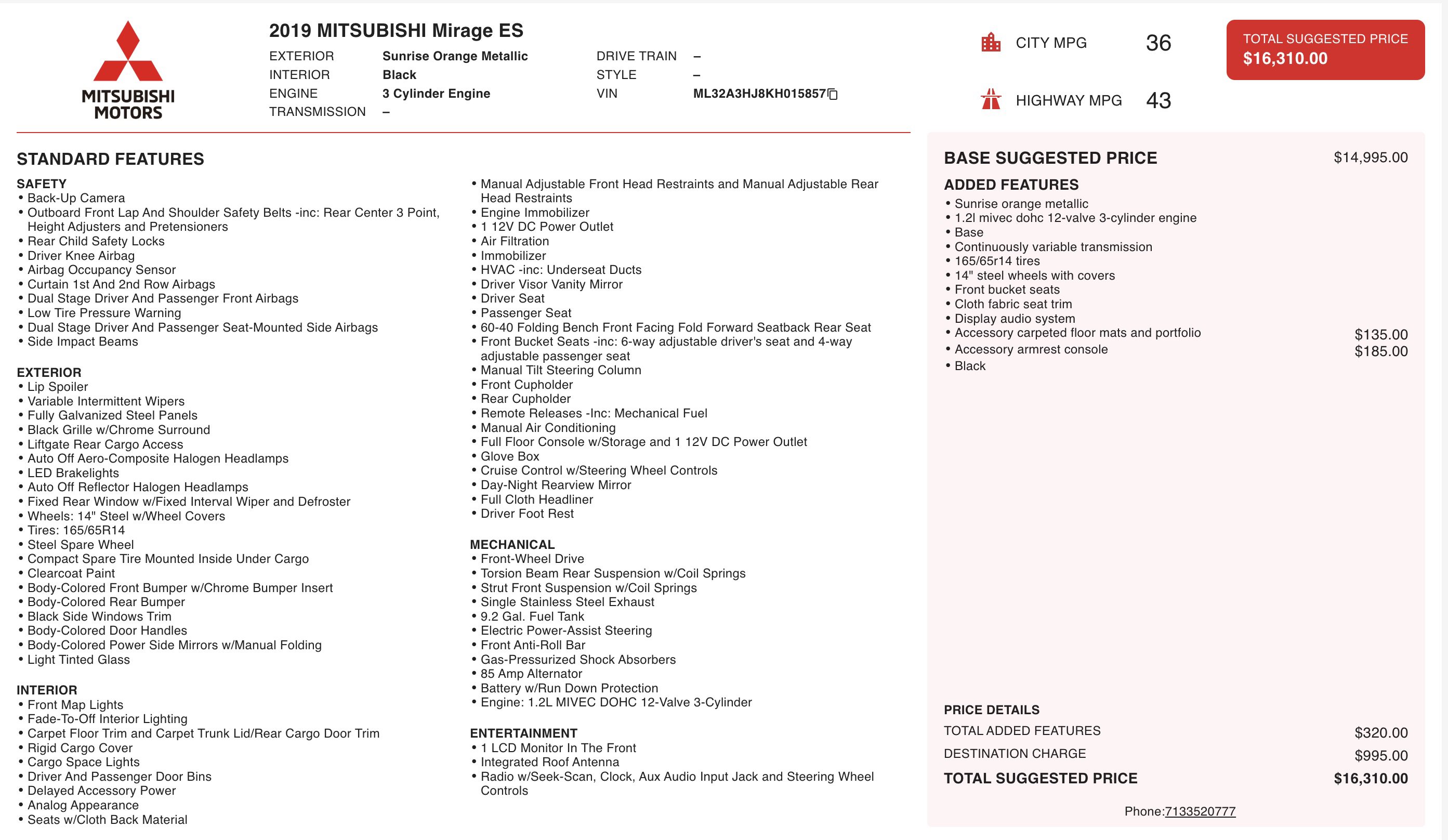 Used 2019 Mitsubishi Mirage ES image 2