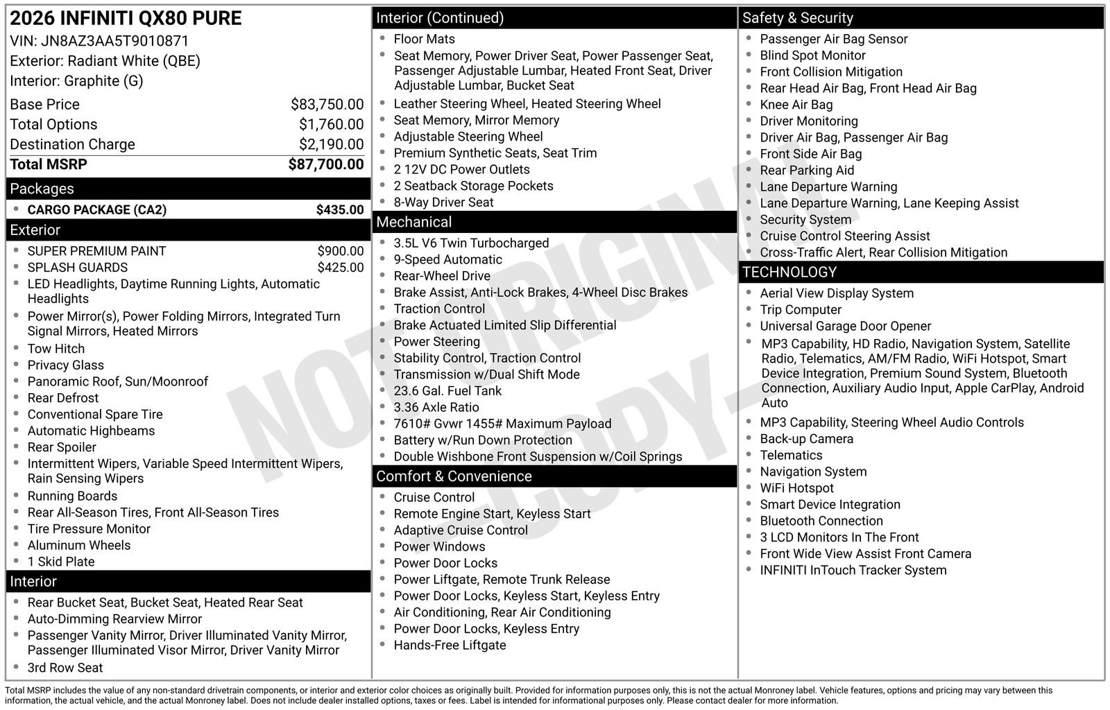 New 2026 INFINITI QX80 Pure w/ Cargo Package RWD image 10