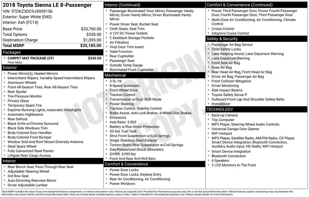 Used 2018 Toyota Sienna LE w/ Carpet Mat Package FWD image 38
