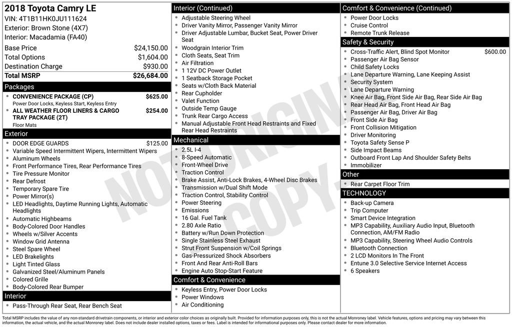 Used 2018 Toyota Camry LE w/ Convenience Package FWD image 3