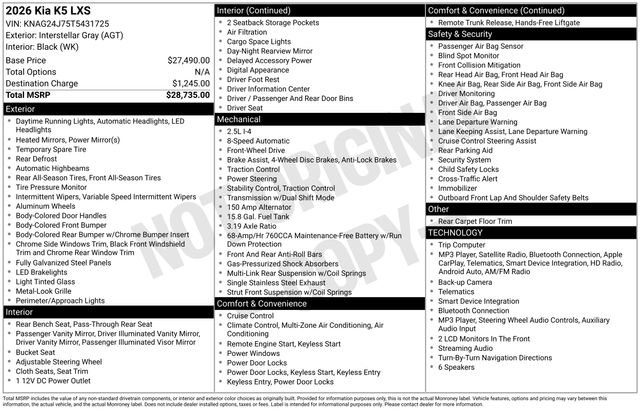 Certified 2026 Kia K5 LXS FWD image 15