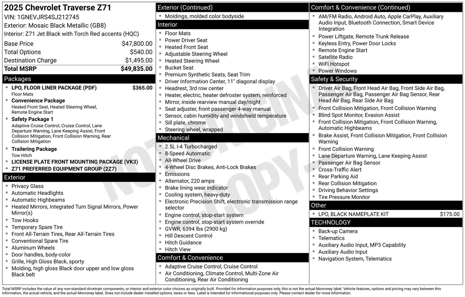 Certified 2025 Chevrolet Traverse Z71 w/ LPO, Floor Liner Package image 14