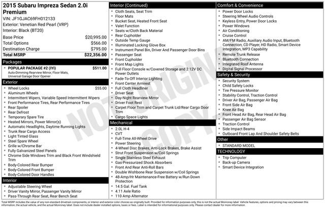 Used 2015 Subaru Impreza 2.0i Premium w/ Popular Package #2 AWD/4WD image 10
