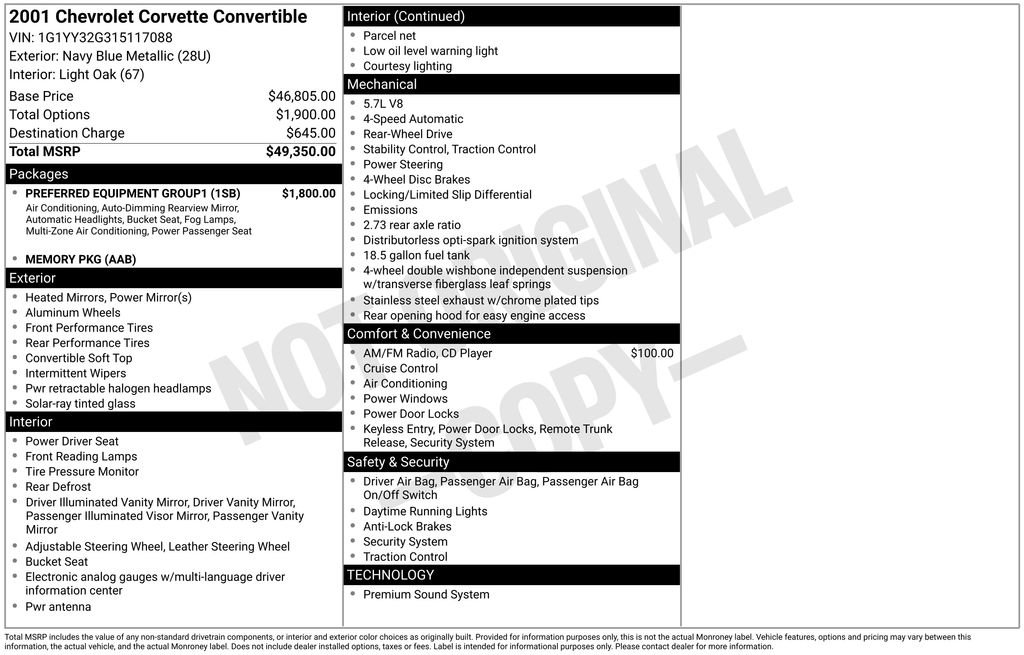 Used 2001 Chevrolet Corvette Convertible w/ Preferred Equipment Group1 RWD image 10