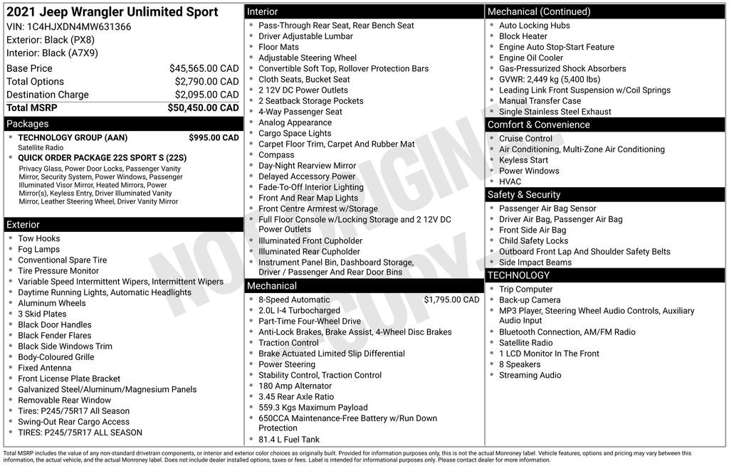 Used 2021 Jeep Wrangler Unlimited Sport w/ Technology Group AWD/4WD image 4